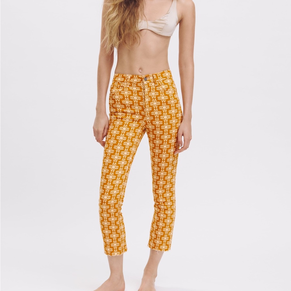 Zara The Dreed Flare in Abstract Floral Golden Denim Jeans NWOT